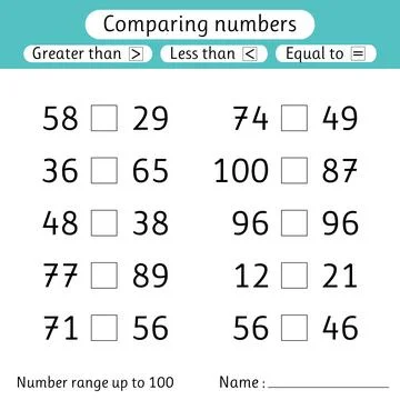Comparing numbers. Less than, greater than, equal to. Worksheet for kids. N.. Stock Illustration