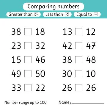 Comparing numbers. Less than, greater than, equal to. Worksheet for kids. N.. Stock Illustration
