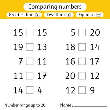 Comparing numbers. Less than, greater than, equal to. Worksheets for kids. .. Stock Illustration