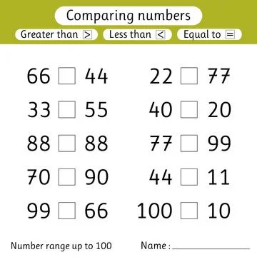 Comparing numbers. Less than, greater than, equal to. Worksheets for kids. .. Stock Illustration