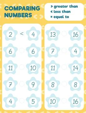 Comparing numbers worksheet practice print sheet. Vector illustration. Stock Illustration