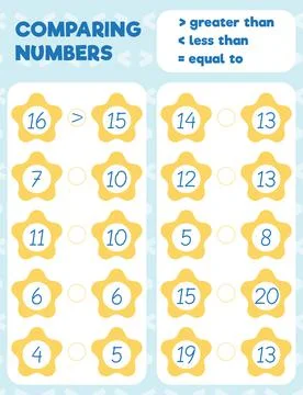 Comparing numbers worksheet practice print sheet. Vector illustration. Stock Illustration