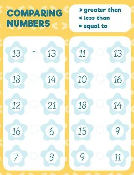 Comparing numbers worksheet practice print sheet. Vector illustration. Stock Illustration