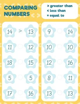 Comparing numbers worksheet practice print sheet. Vector illustration. 스톡 일러스트