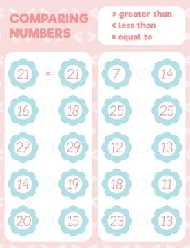 Comparing numbers worksheet practice print sheet. Vector illustration. Stock Illustration