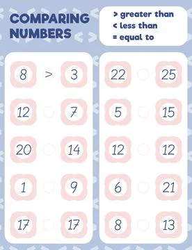 Comparing numbers worksheet practice print sheet. Vector illustration. Stock Illustration