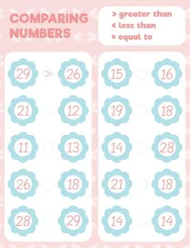 Comparing numbers worksheet practice print sheet. Vector illustration. Illustrazione stock