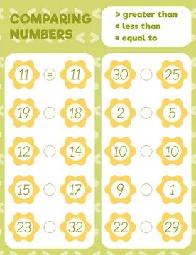 Comparing numbers worksheet practice print sheet. Vector illustration. Stock Illustration