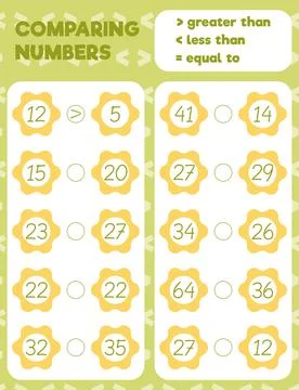 Comparing numbers worksheet practice print sheet. Vector illustration. Stock Illustration