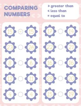 Comparing numbers worksheet practice print sheet. Vector illustration. Illustrazione stock