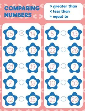Comparing numbers worksheet practice print sheet. Vector illustration. 스톡 일러스트