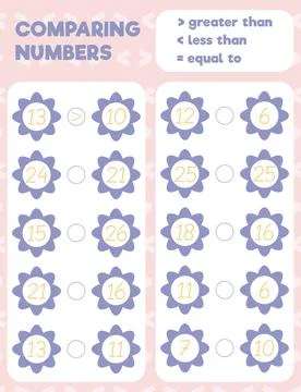 Comparing numbers worksheet practice print sheet. Vector illustration. Stock Illustration