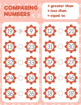 Comparing numbers worksheet practice print sheet. Vector illustration. Stock Illustration