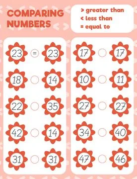 Comparing numbers worksheet practice print sheet. Vector illustration. Stock Illustration
