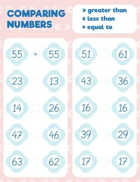 Comparing numbers worksheet practice print sheet. Vector illustration. Stock Illustration