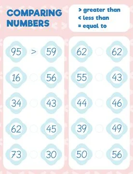Comparing numbers worksheet practice print sheet. Vector illustration. Stock Illustration
