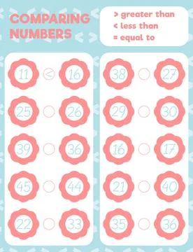 Comparing numbers worksheet practice print sheet. Vector illustration. Stock Illustration