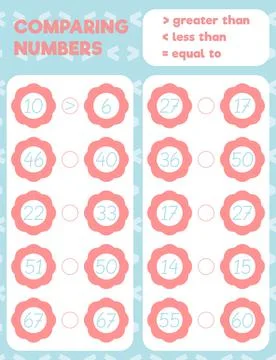 Comparing numbers worksheet practice print sheet. Vector illustration. Illustrazione stock