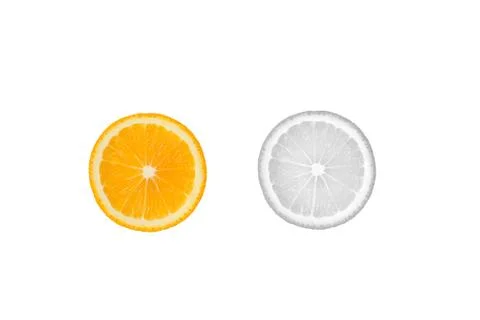 Comparison and contrast concept. Two orange slices on white isolated background. 스톡 사진
