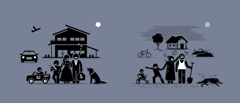 Comparison and difference between rich and poor family. Vector artwork concep Stock Illustration