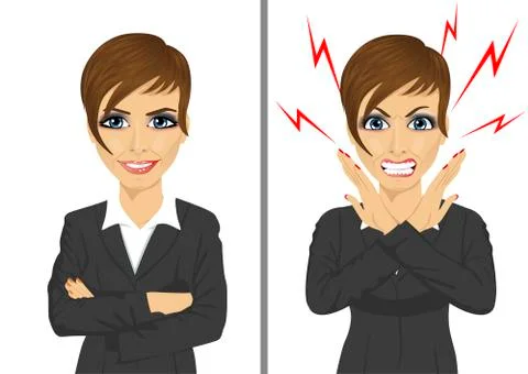Comparison between angry and happy expressions of the same businesswoman Stock Illustration