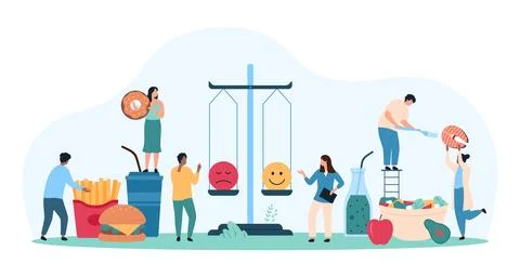 Comparison between fastfood diet vs healthy food, tiny people weigh happy and イラスト素材