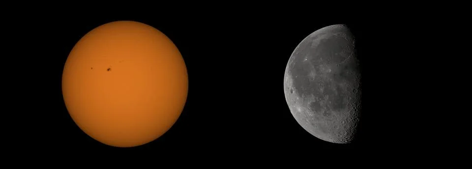 Comparison between the Sun  and the Moon in the first quarter with craters Stock Photos