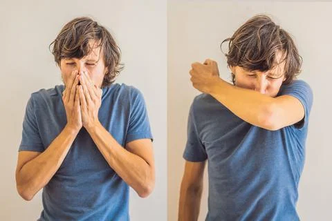 Comparison between wrong and right way to sneeze to prevent virus infection Stock Photos