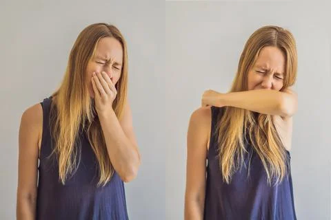 Comparison between wrong and right way to sneeze to prevent virus infection Stock Photos
