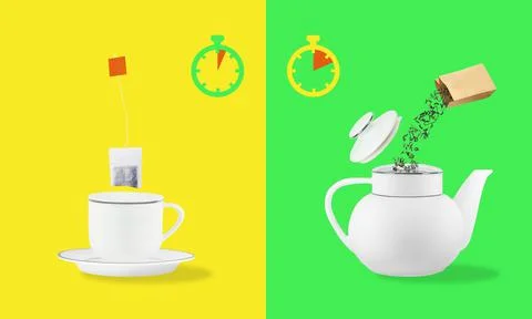 Comparison of brewing time between tea leaves and tea bag 스톡 사진