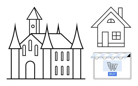 Comparison of Castle, House, and E-commerce Storefront in Black and White L.. Stock-Illustration