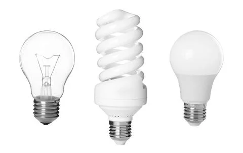 Comparison of different light bulbs on white background, collage Stock Photos