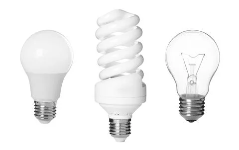 Comparison of different light bulbs on white background, collage Stock Photos