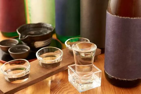 Comparison of drinking several kinds of sake Stock Photos
