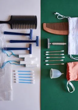 A comparison flat lay of plastic and eco-friendly hygiene products Stock Photos