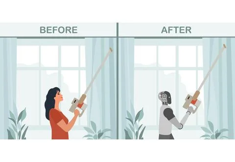 Comparison of human and robot using window cleaning tools in a domestic setti Illustrazione stock