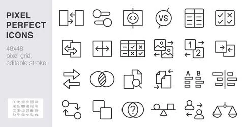 Comparison line icon set. Side-by-side compare, slider, A B test, file merge イラスト素材