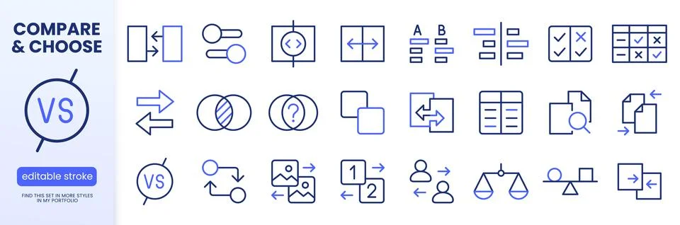 Comparison line icon set. Side-by-side compare, slider, A B test, file merge Stock Illustration