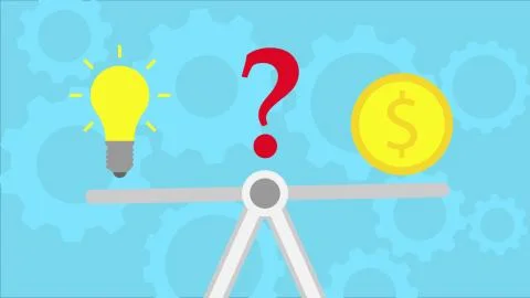 Comparison of money value and idea, business measurement with questin video c Illustrazione stock