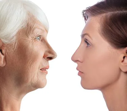 Comparison old and young two female faces, aging process Stock Photos
