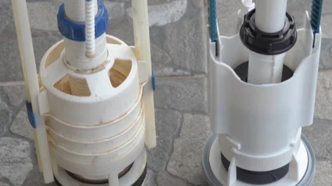 Comparison of old dirty toilet flush valve and a new replacement mechanism. Stock Footage 336717371