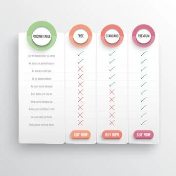 Comparison pricing list. Comparing price or product plan chart compare produc Stock Illustration