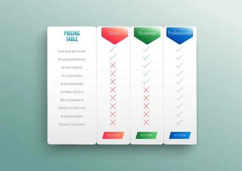 Comparison pricing list. Comparing price or product plan chart compare produc Stock Illustration