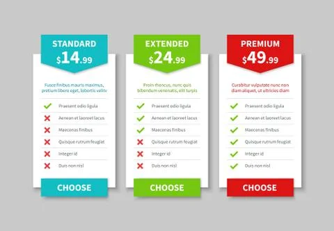 Comparison pricing list. Price plan table, product prices comparative tariff Stock Illustration