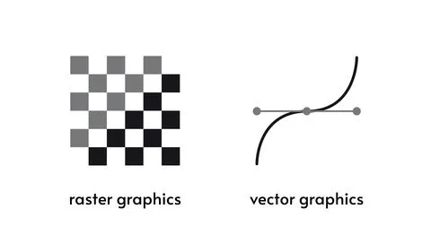 Comparison of raster and vector graphics, pixel grid versus Bezier curve wi.. Stock Illustration
