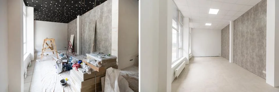 Comparison of a room in an apartment before and after renovation new house Stock Photos