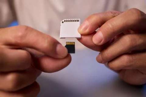 Comparison of SD and MicroSD Cards in Different Hands and Their Various Uses and Foto stock