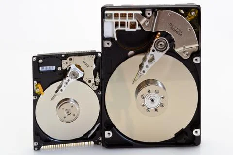 Comparison of the size of an open 2.5 and 3.5 disk drive Stock Photos
