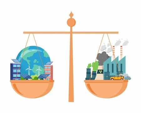 Comparison with substances emissions and clean zone with windmills comparison  Stock Illustration