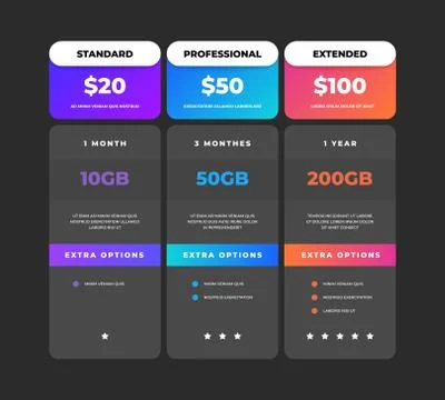 Comparison table. Business pricing chart web banner, web site tariff plan design Stock Illustration